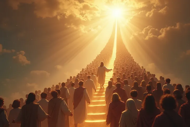 Create a sacred image of a crowd following Jesus along a shining ladder leading to heaven