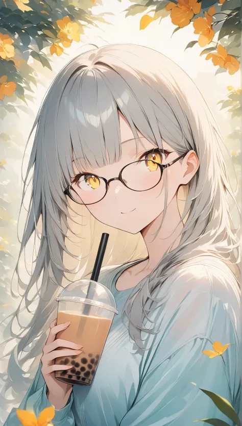 glasses、glasses、glowing eyes、long hair, gray hair, masterpiece, top quality, very beautiful, absurd, with bangs, glasses, yellow eyes,yellow eyes, glasses、double exposure, looks like a kaleidoscope ,#SDXL、one girl drinking bubble tea,cute、stylish style
