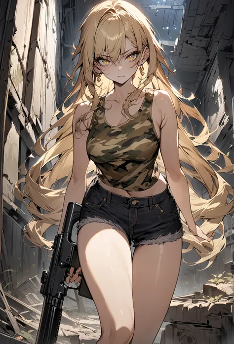 ((greatest masterpiece,Super high quality:1.2)),(super resolution),(solo),cowboy shot(front),night,Slender, slender high school student holding a gun in an abandoned building in a cool pose,beautiful face,(long blonde hair),perfect golden eyes,staring at y...
