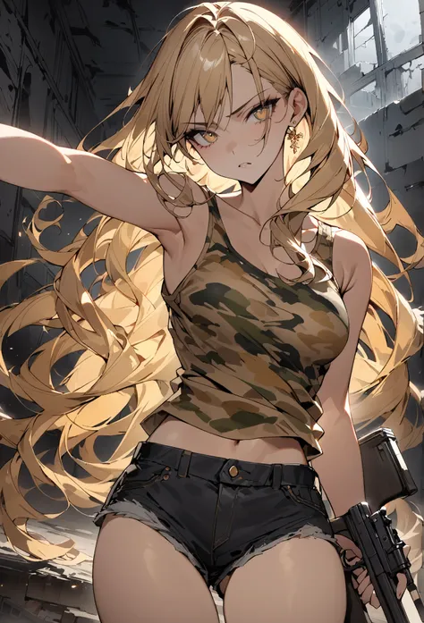 ((greatest masterpiece,Super high quality:1.2)),(super resolution),(solo),cowboy shot(front),night,Slender, slender high school student holding a gun in an abandoned building in a cool pose,beautiful face,(long blonde hair),perfect golden eyes,staring at y...