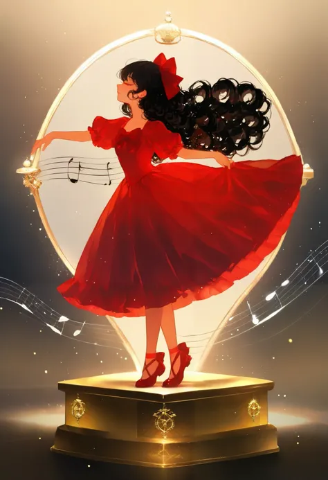 1 Girl，alone，Black Super Long Curly Hair，Profile，closed eyes，full body，and stand on a huge music box，solo waltz，European ballet long dress，full body，Dancing shoes，Elegant，divine top light，light particles，Musical notes surround，Puff sleeves，（black hair），（深红...