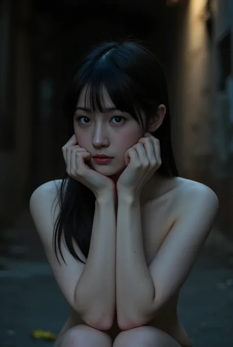 highest quality、masterpiece、High sensitivity、High resolution、One Woman、Looking at me with a frightened expression、Sitting down in a dimly lit alley、His clothes were cut with a knife、Covering exposed skin with hands、