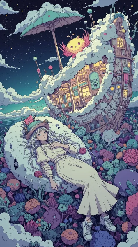 fantasy,Imagine,There is a rainbow jellyfish boat,jellyfish umbrella cover(It's a 5 meter long),The paddle is a boat made of whale ribs,cabin,I've always clung to the snow fox,a floating island made of antler corals,covered with purple moss, girl(21 year...