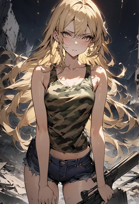 ((greatest masterpiece,Super high quality:1.2)),(super resolution),(solo),cowboy shot(front),night,Slender, slender high school student posing for shooting a gun in ruins,beautiful face,(long blonde hair),perfect golden eyes,staring at you,serious expressi...
