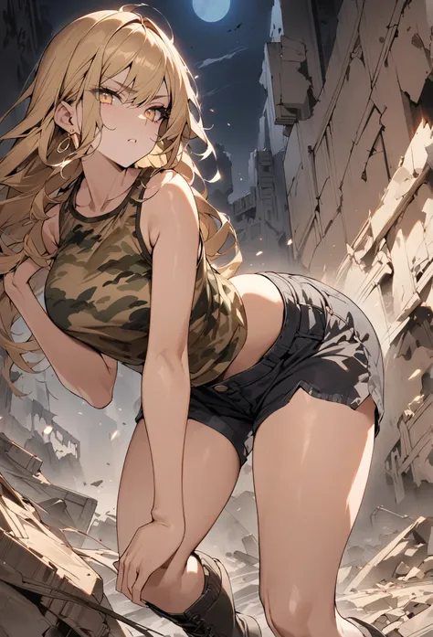 ((greatest masterpiece,Super high quality:1.2)),(super resolution),(solo),cowboy shot(front),night,Slender, slender high school student posing for shooting a gun in ruins,beautiful face,(long blonde hair),perfect golden eyes,staring at you,serious expressi...
