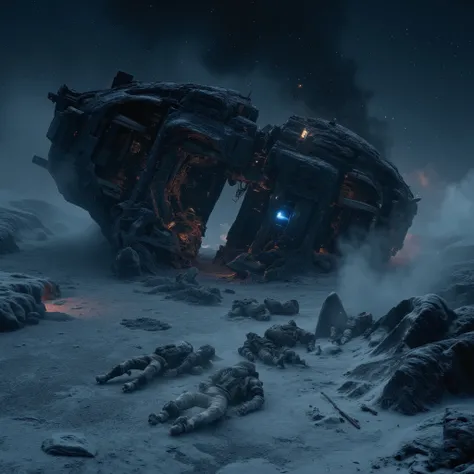 Highquality photorealistic belowview of the crumbled ruins of a threatening dark military spaceship crashed down onto a dark icy alien planet surface with bizarre rock and ice formations, broken into two halfs, partly deformed, full of big bumps, inmidst a...