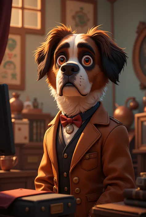 2-D art, cartoon style, old-school Disney, hand drawing, (best quality, masterpiece:1.2), side view, anthropomorphic, a Saint Bernard dog with short hair, wearing english smoking, office clerk, politics, holding a cigar, 1890s style, noire, simple lines, l...
