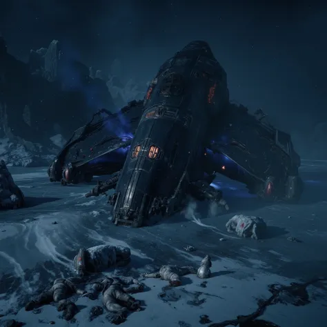 Highquality photorealistic belowview of the crumbled ruins of a threatening dark military spaceship crashed down onto a dark icy alien planet surface with bizarre rock and ice formations, broken into two halfs, partly deformed, full of big bumps, inmidst a...