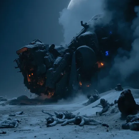 Highquality photorealistic belowview of the crumbled ruins of a threatening dark military spaceship crashed down onto a dark icy alien planet surface with bizarre rock and ice formations, broken into two halfs, partly deformed, full of big bumps, inmidst a...
