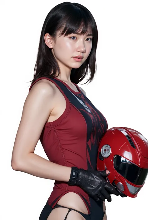 one girl drinking bubble tea,realistic, sharp concentration, ultra realistic photo, high resolution, alone, full body photo, realistic ((Power Rangers pink)) Costume. tight bodysuit for combat, ((Power Rangers )). holding a helmet next to the body. A BEAUT...