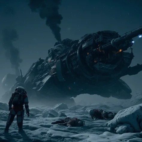 Highquality photorealistic belowview of the crumbled ruins of a threatening dark military spaceship crashed down onto a dark icy alien planet surface with bizarre rock and ice formations, broken into two halfs, partly deformed, full of big bumps, inmidst a...