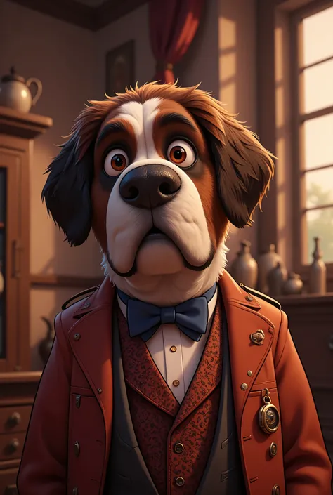2-D art, cartoon style, old-school Disney, hand drawing, (best quality, masterpiece:1.2), side view, anthropomorphic, a Saint Bernard dog with short hair, wearing english smoking, office clerk, politics, holding a cigar, 1890s style, noire, simple lines, l...
