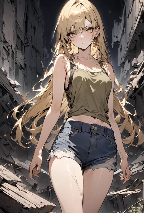 ((greatest masterpiece,Super high quality:1.2)),(super resolution),(solo),cowboy shot(front),night,a slender, slender high school student standing in ruins with thin legs,beautiful face,(long blonde hair),perfect golden eyes,staring at you,serious expressi...