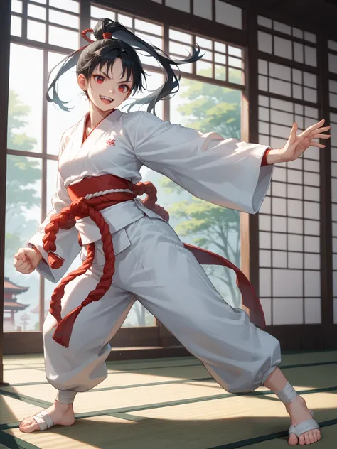Here is a full-body description:
A slightly youthful female martial artist with long, black hair tied back stands tall. Her eyes are red, she is muscular, and her mouth is open, revealing pointed teeth (double teeth). She wears a white martial arts unifor...