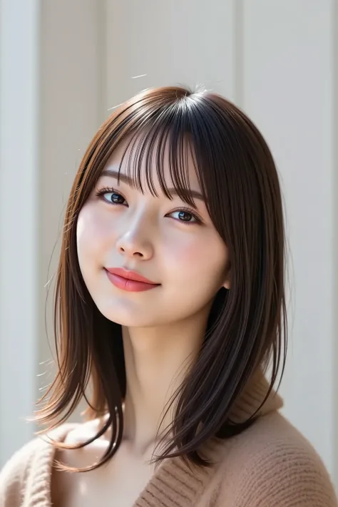 Full head 、Position your face in the center, masterpiece, fine, clean skin、long sleeve brown sweater、long black hair, Bangs, smile, 8k, shooting studio background