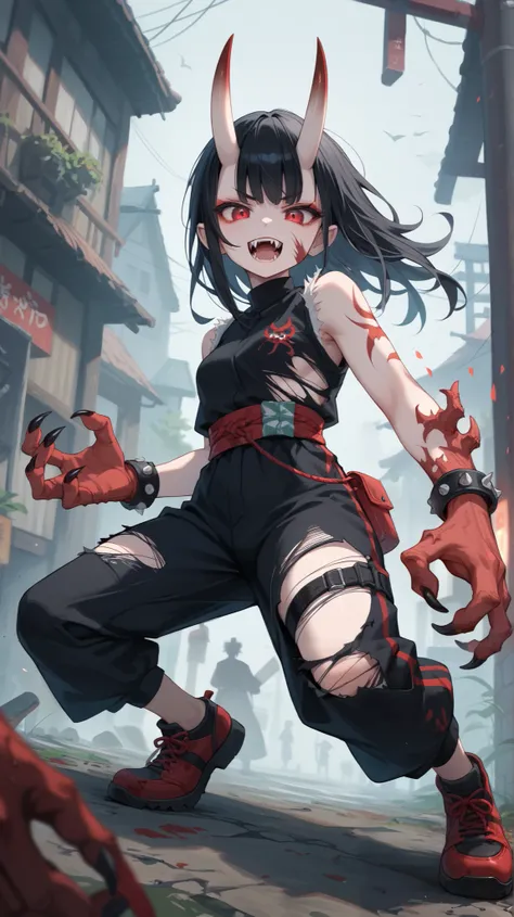 Draw a full body.A terrifying female oni with a pale face hidden by wild, black hair, featuring sharply slanted, bloodshot red eyes and a large, ripped mouth revealing sharp fangs. Long, black claws writhe, and she wears tattered clothes, emitting a foul, ...