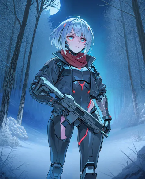 anime character with gun and gun in hand in a snowy forest, mechanized soldier girl, cyberpunk anime girl mech, wearing techwear, best anime 4k konachan wallpaper, digital cyberpunk anime art, girl in mecha cyber armor, cyberpunk anime girl, female cyberpu...