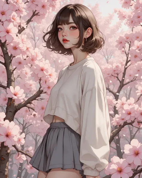 1Girl, (Young Japanese girl is wearing just a short skirt and a loose sweatshirt that exposes her flat abdomen, , very small bust and a petite body), The image should reflect the falling petals of the Sakura tree, the wind and the flying petals, cinematic ...