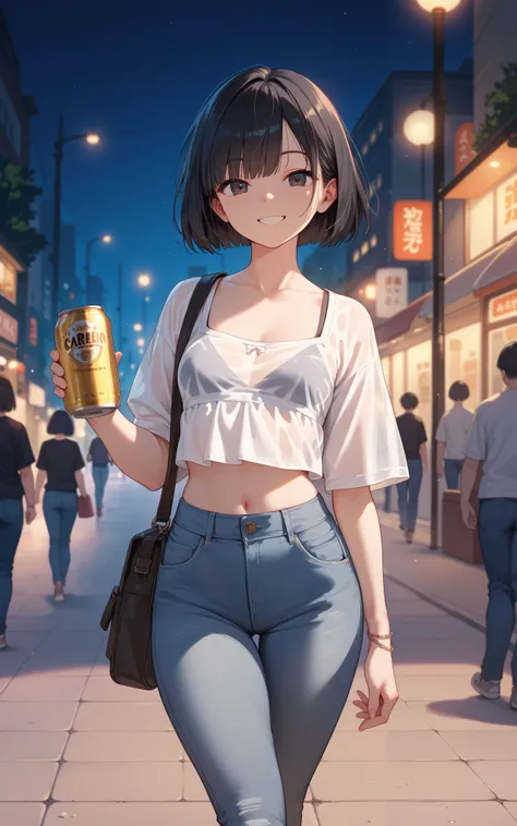 female, black hair, see through bangs, bob cut with a flip out, dark eyes, Street, tapered jeans, Smile, small can beer, walking, night, Small Breasts, anime,