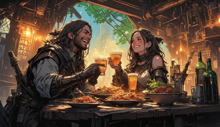 adventurer、Different world、fantasy、eating with friends、A bar where Celtic music seems to be playing、male2name、woman1name、Lively、Looks like a fun atmosphere、smile