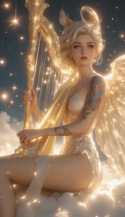 ((Masterpiece, top quality, high resolution, highly detailed CG unified 8K wallpaper)), (divine and enchanting, mesmerizing celestial beauty, soft and graceful figure:1.3), (seated on a floating cloud, playing a glowing harp, ethereal pose), (flowing white...