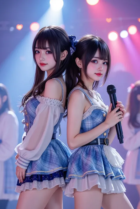 (extremely detailed, score_9, score_8_up, score_7_up, Very detailed, Detailed, Sharp focus, 8K UHD), Realistic full-body photos of two petite and very young Japanese women, (((Full-body costume visible, thick legs visible, chubby women))), Big smiles, deta...