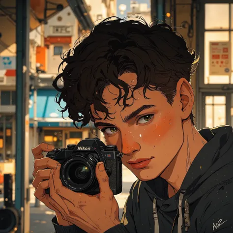 Create a highly detailed and realistic image of a 20-year-old boy holding a Nikon camera. He has short, slightly messy hair and wears a casual outfit—perhaps a hoodie or a denim jacket. His expression is focused as he looks through the camera's viewfinder,...