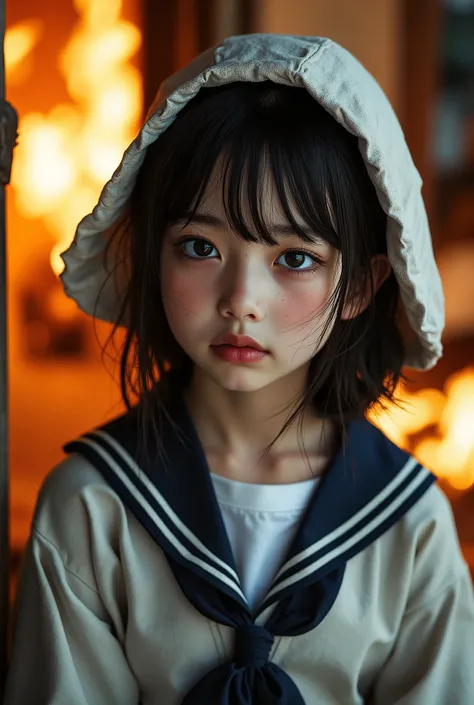 A very cute girl in Mompey,A girl wearing a disaster prevention hood made from a thick cushion、Flaming background、white skin、sailor suit、professional lighting、Japanese house、An old Japanese wooden house townscape,upper body,close,smile, sad face、sooty face...