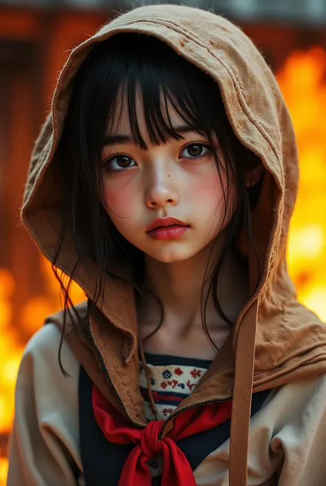 A very cute girl in Mompey,A girl wearing a disaster prevention hood made from a thick cushion、Flaming background、white skin、sailor suit、professional lighting、Japanese house、An old Japanese wooden house townscape,upper body,close,smile, sad face、sooty face...