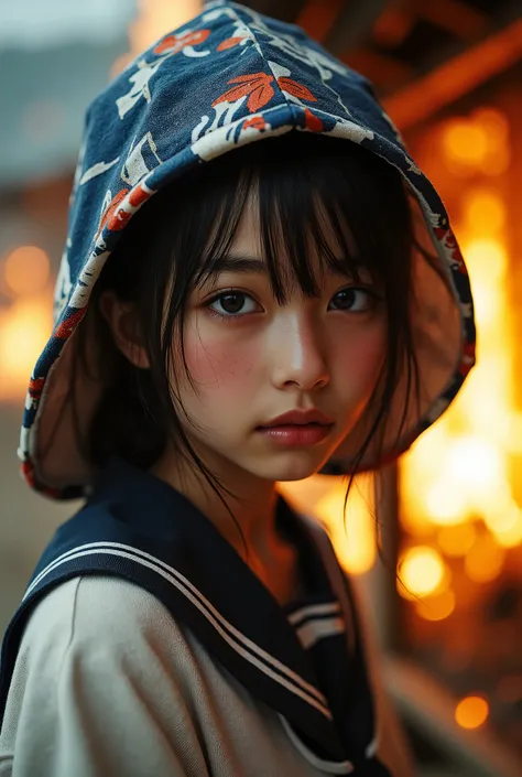 A very cute girl in Mompey,A girl wearing a disaster prevention hood made from a thick cushion、Flaming background、white skin、sailor suit、professional lighting、Japanese house、An old Japanese wooden house townscape,upper body,close,smile, sad face、sooty face...
