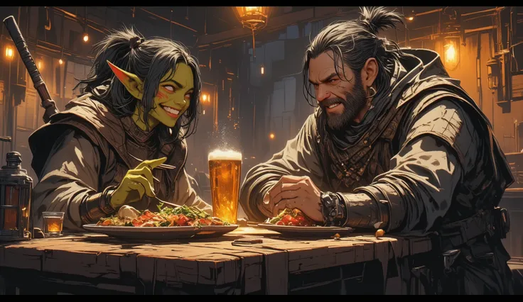adventurer、Different world、fantasy、eating with friends、A bar where Celtic music seems to be playing、male2name、orc female1name、Lively、Looks like a fun atmosphere、smile