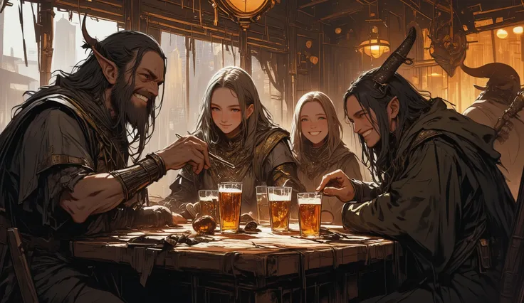 adventurer、Different world、fantasy、eating with friends、A bar where Celtic music seems to be playing、male human name、orc female name、elf male name、dwarf female name、Lively、Looks like a fun atmosphere、smile