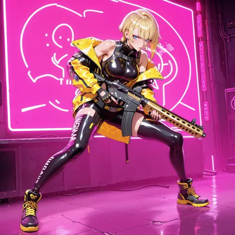 "A cyberpunk-inspired female character stands in a combat stance, holding a submachine gun, in a futuristic but ruined city. She has a blonde mash cut (((her hair is cut in a blond mash))) and black hoop earrings in both ears. The full-body black blouson r...