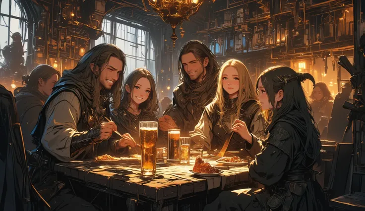 adventurer、Different world、fantasy、eating with friends、A bar where Celtic music seems to be playing、male human name、orc female name、elf male name、dwarf female name、Lively、Looks like a fun atmosphere、smile