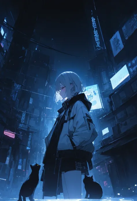 A woman with a black cat and a woman with a white cat stare at each other。night。The background is a sparkling neon city。Hardboiled atmosphere。