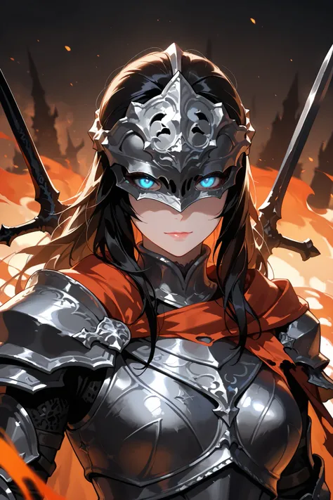 masterpiece, best quality, amazing quality, newest, very aesthetic, 1girl, an intense, evocative portrait from (dark souls 3) art-style,"A fierce woman dons the signature armor of the Abyss Watchers, her sleek, silver-plated helm adorned with the iconic wo...