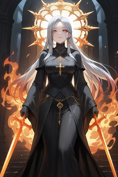 masterpiece, best quality, amazing quality, newest, very aesthetic, 1girl, an intense, evocative portrait from (dark souls 3) art-style,"A towering, imposing woman stands with an air of cold authority, her presence radiating both elegance and menace. Her p...
