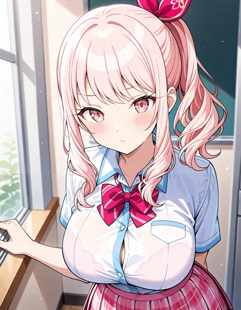 Akiyama Mizuki (project Sekai) pink hair pink eyes pretty girl ponytail big breasts nice buddy love white shirt collared shirt skirt pleated skirt mini skirt solo girlfriend pink skirt