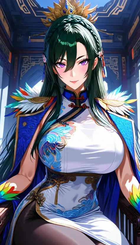 A hen Female,Perfect body,Oppai, (Dark green hair,long hair,crown braid, sidelocks,bangs between eyes),(Purple eyes), (Wearing A White sleeveless Cheongsam),(Colorful feather gloves),(A Feather Vest on her shoulder),black pantyhose,Sitting on a Chinese Lux...
