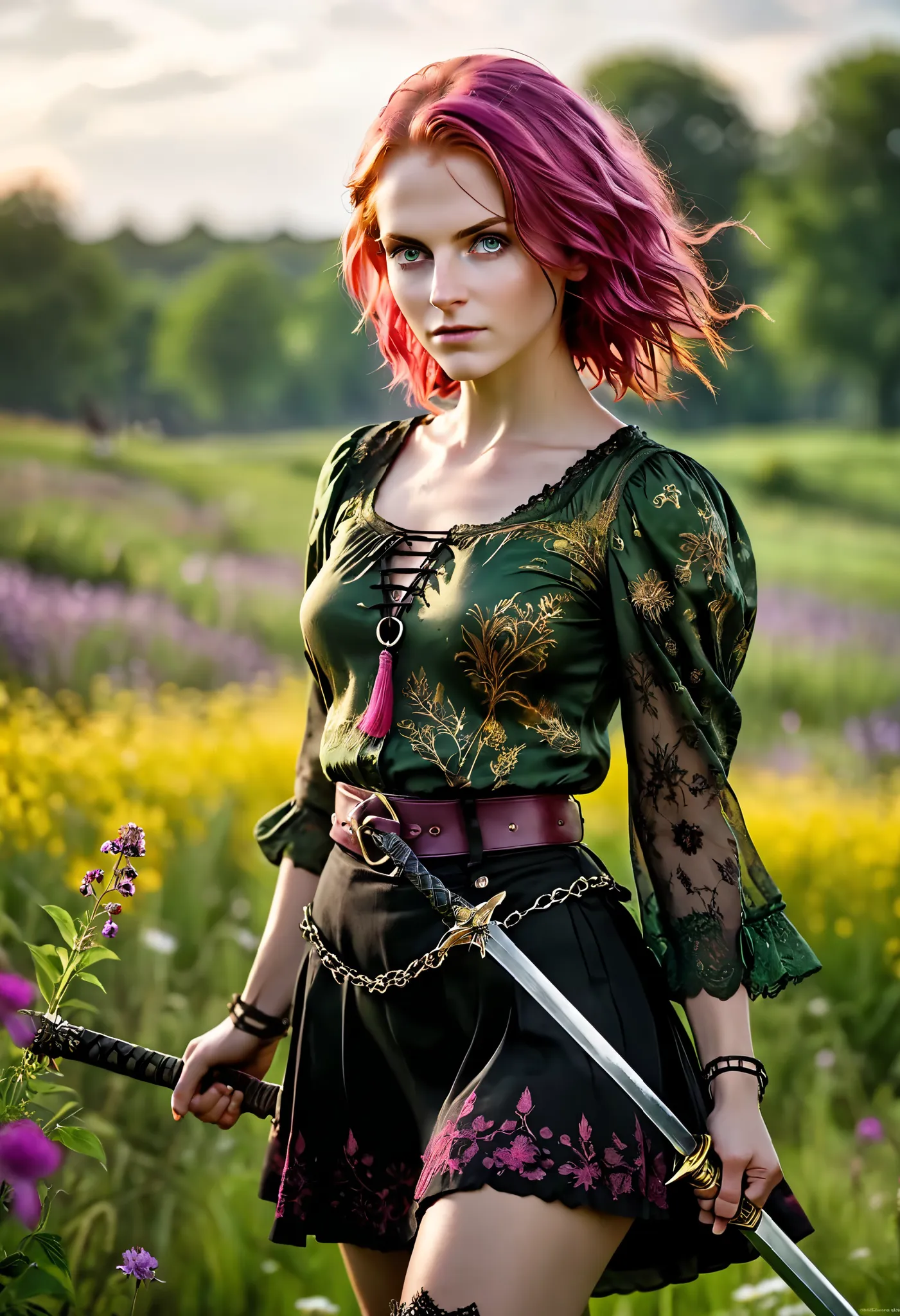 photo taken on Nikon D850, Bloodborne ~ dark souls 3 ~ Fire ring ~ ultra detailed and stunning woman with dark pink hair, open green blouse , short black skirt printed, holding a sword, walking through a field of wild flowers, in a world of violet and yell...