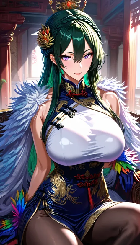 A hen Female,Perfect body,Oppai, (Dark green hair,long hair,crown braid, sidelocks,bangs between eyes),(Purple eyes), (Wearing A White sleeveless Cheongsam),(Colorful feather gloves),(A Feather Vest on her shoulder),black pantyhose,Sitting on a Chinese Lux...