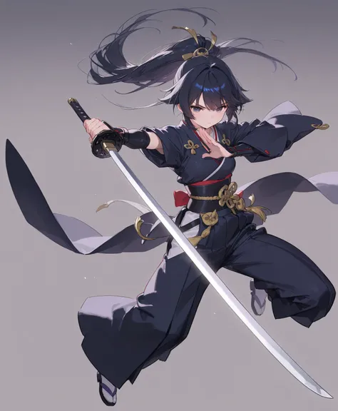 full body、 fight scene、high image quality、Superb Details、simple background、Japanese clothing、Long sword