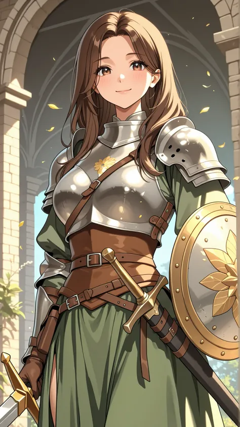 Japanese women、 medieval knight 、clothed、 Gold、 sword and shield、from the front、smile、Put your whole body into