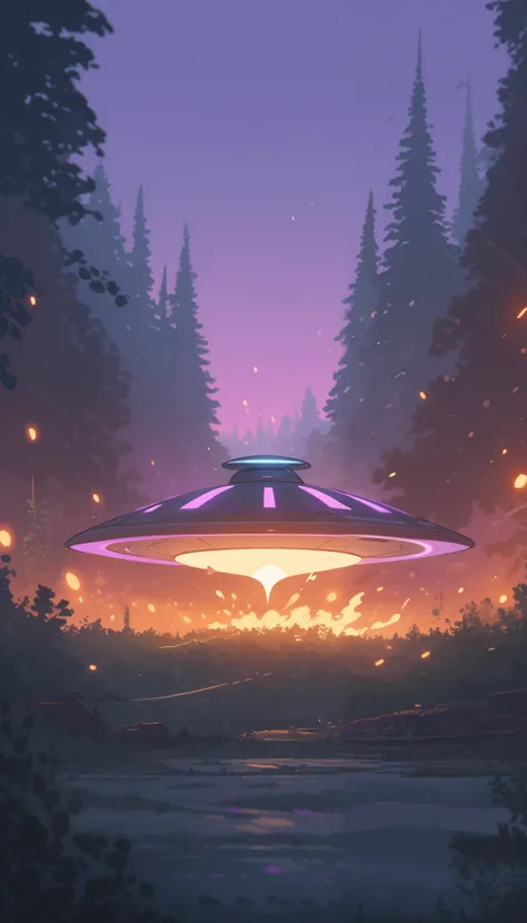p1p1_v1, A dramatic scene of a metallic, saucer-shaped UFO with glowing lights crashing into a dense forest at dusk, sparks flying as it skids across the ground, trees snapping and splintering, a trail of smoke and fire billowing behind it, vibrant orange ...