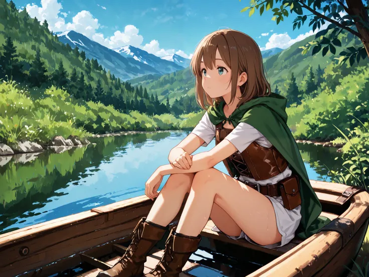 A young female adventurer sitting alone in a simple dugout canoe in the middle of a large lake. The young woman has shoulder-length brown hair, wears a leather vest, a green cape, sturdy boots, and a utility belt filled with tools. She sits with her legs e...