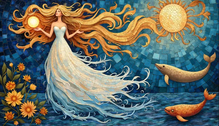  a representation of the Mother of Water from Brazilian folklore, An image of a full-bodied woman, stylized, Your hair made of gold (old gold) fly in the wind and involves the whole scene  and she holds a fireball also represented in gold, It comes out of ...