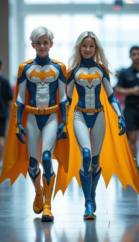 character: 1 boy , and 1 girl. They have white hair and They have Handsome faces.
action: Walk straight and look straight ahead.
Expression : smiling.
Costume : they Wearing futuristic white blue orange Batman body suit.
Background : A bright indoor ...