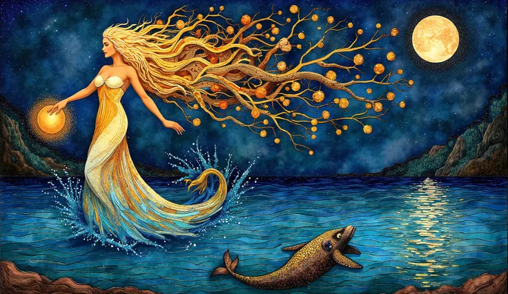  a representation of the Mother of Water from Brazilian folklore, An image of a full-bodied woman, stylized, Your hair made of gold (old gold) fly in the wind and involves the whole scene  and she holds a fireball also represented in gold, It comes out of ...