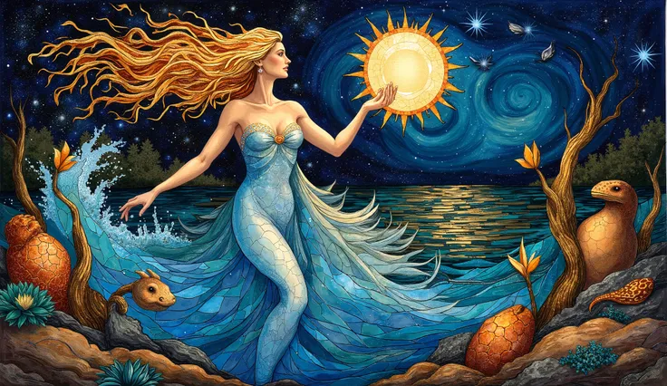  a representation of the Mother of Water from Brazilian folklore, An image of a full-bodied woman, stylized, Your hair made of gold (old gold) fly in the wind and involves the whole scene  and she holds a fireball also represented in gold, It comes out of ...