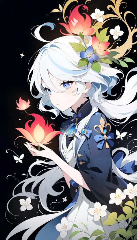 (Anime line drawing:1.5), (inverted colors:1.4), (negative space:1.6), minimalist, dark background, bright white glowing lines, Furina from Genshin Impact, graceful mask, serene expression, flowing hair, surrounded by delicate glowing flowers. Neon ink eff...